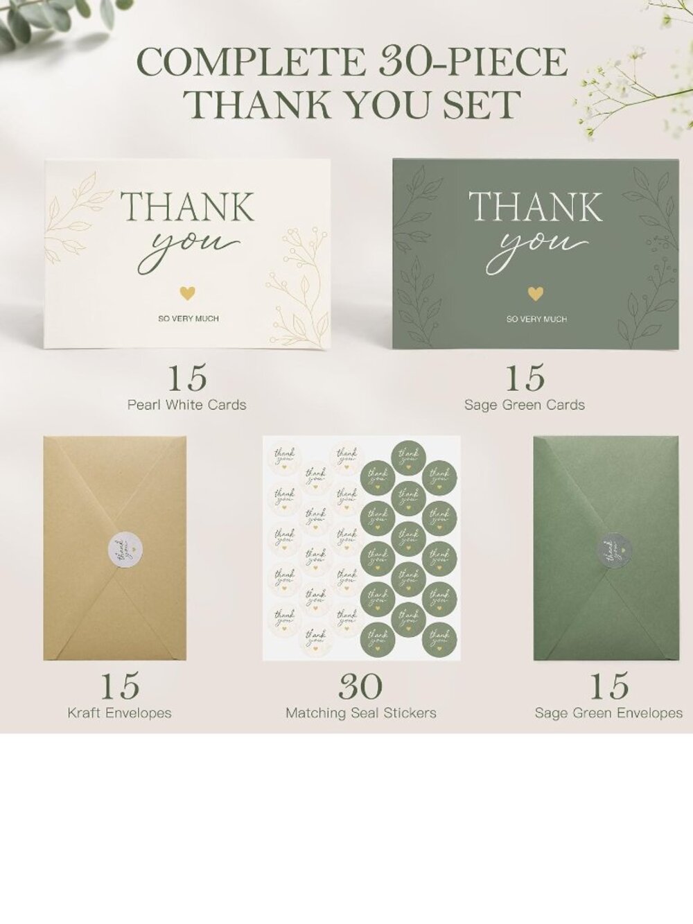 Sage Green & Pearl White Thank You Cards with Envelopes & Stickers - Picture 3 of 6